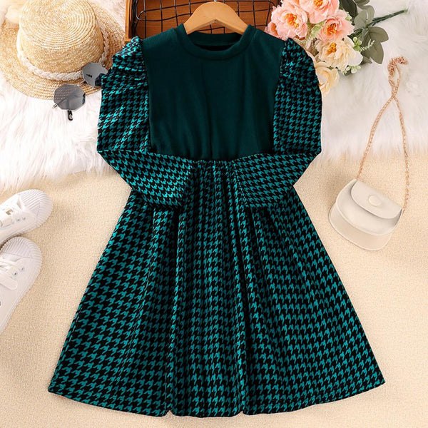Knitted Plaid Long-sleeved Girls Autumn Dress Wholesale Girls Dress
