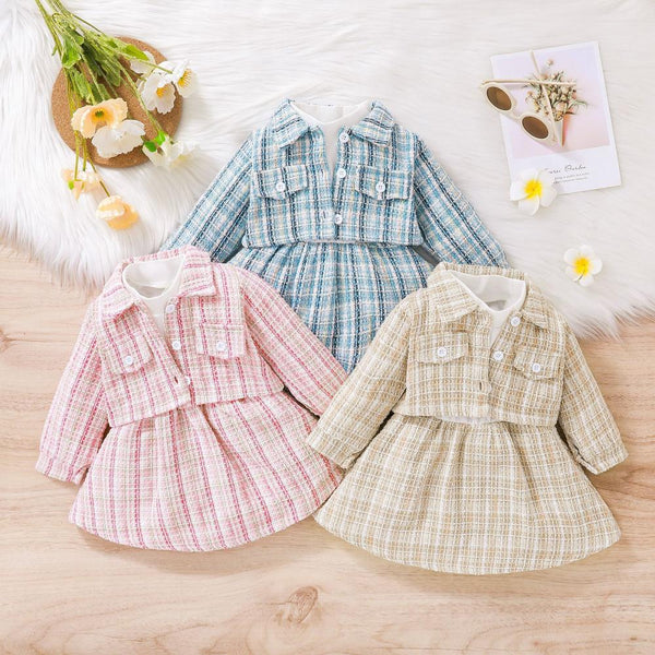 Autumn Girls Cotton Pull Frame Splicing Small Fragrance Dress + Small Coat Set Wholesale Girls Clothes