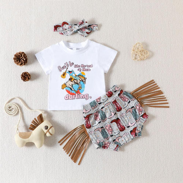 Summer Girl Letter Printing Cartoon Printing Tassel Shorts Set Baby Clothes In Bulk