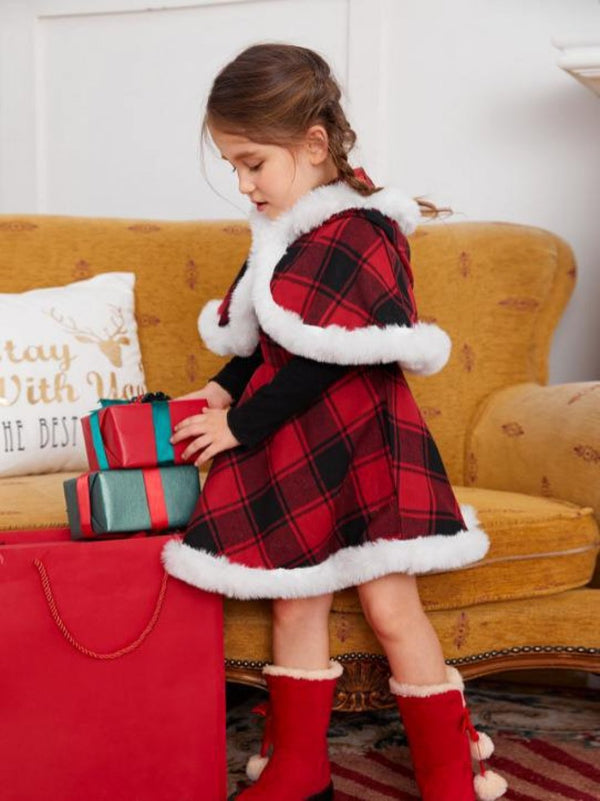 Autumn Winter Little Girls Christmas Plaid Cape + Dress Set Wholesale Girls Clothes