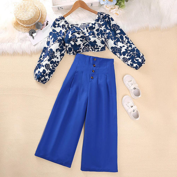 Floral Ruched Top Wide Leg Pants Two Piece Girls Autumn Suit Wholesale