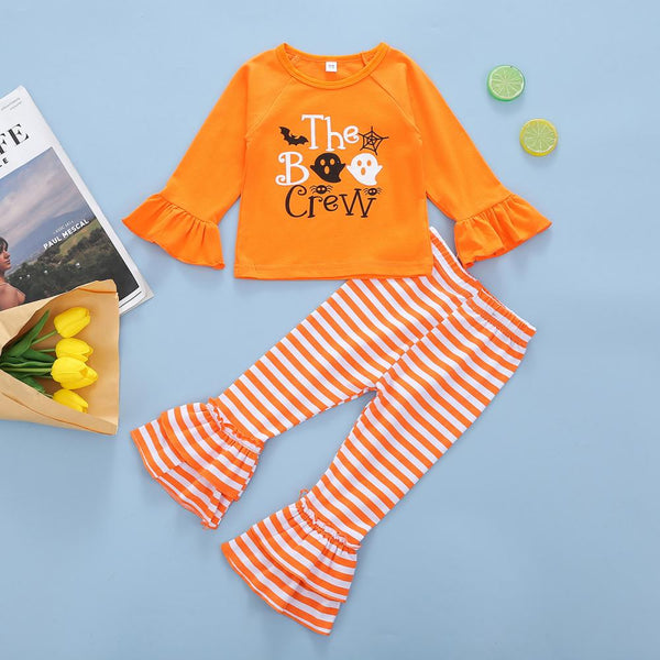 Autumn Halloween Girls Print Top Striped Flared Pants Set Wholesale Girls Clothes