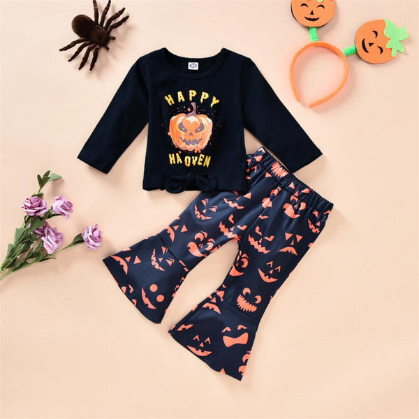 Halloween Pumpkin Girls Set Girls Bow Long Sleeve Pumpkin Flared Pants Set Wholesale Girls Clothes