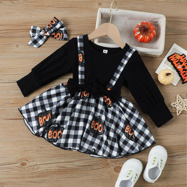 Spring and Autumn Girls Sling Plaid Pumpkin Halloween Long Sleeve Romper Wholesale