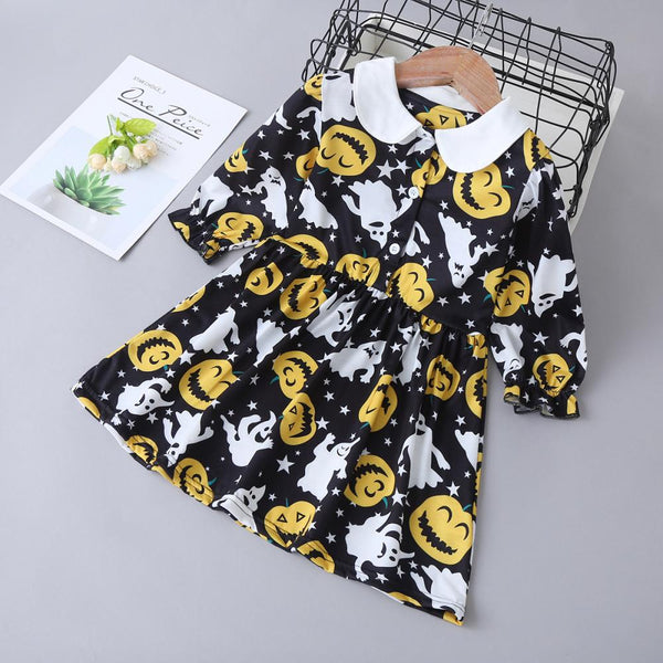 Autumn and Winter Halloween Pumpkin Long Sleeve Dress Western Style Girls Dress Wholesale