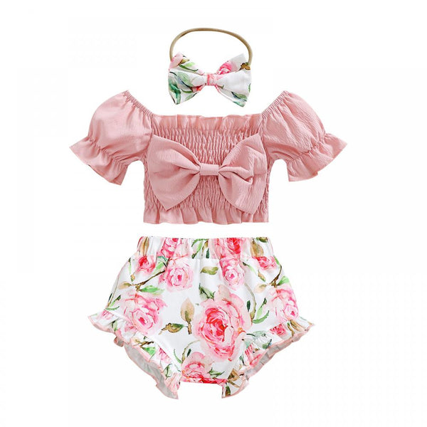 Girls Princess Bubble Sleeve Bow Top Floral Shorts Set Baby Clothing Wholesale Distributors