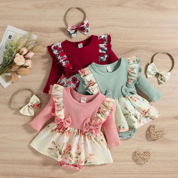 Autumn and Winter Girls Fake Two-piece Romper With Fungus Print Bow Wholesale Girls Clothes