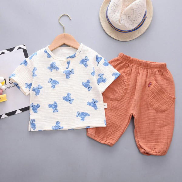 1-4Y Baby Boys Summer Set Bear Printed Top and Solid Shorts Set Wholesale Boys Clothing
