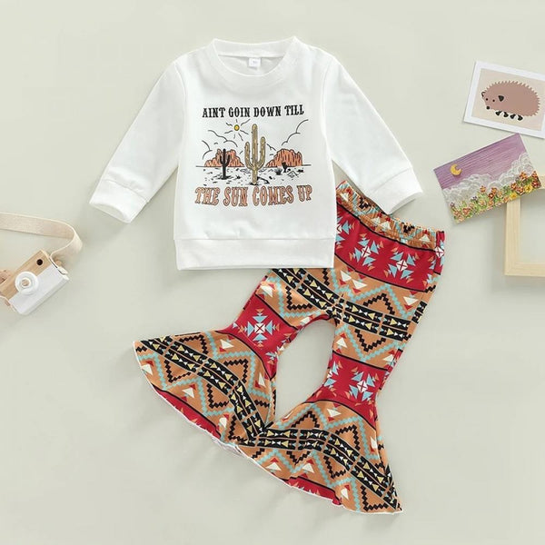 Little Girls Cartoon Cactus Print Top + Flared Pants Set Wholesale Girls Clothes