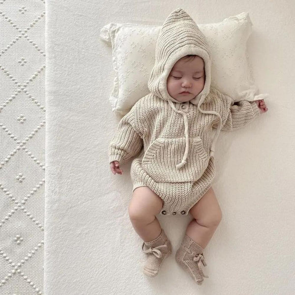 Autumn/Winter Baby Boys And Girls Hooded Big Pocket Knitted Romper Wholesale Baby Clothes