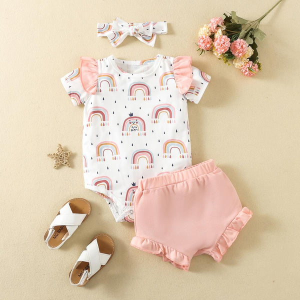 Summer Girls Short-sleeved Letter Romper Shorts Hairband Set Wholesale  Baby Clothes