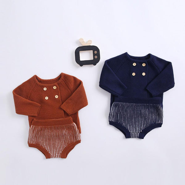 Autumn Knitted Cotton Yarn Boys and Girls Baby Lantern Shorts Cardigan Two-piece Suit Wholesale Baby Clothes