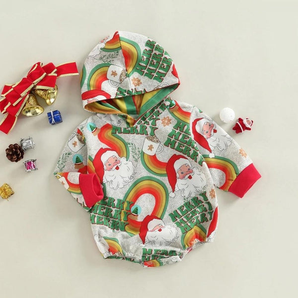 Christmas Baby Santa Head Print Hooded Romper Wholesale