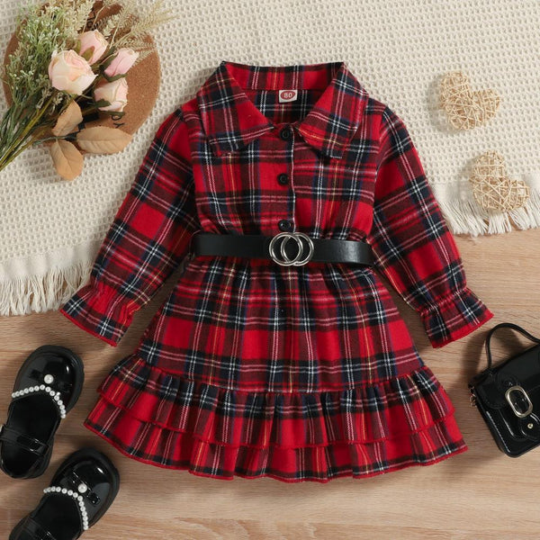 Autumn and Winter Girls Christmas Princess Plaid Dress With Belt Wholesale Girls Dress