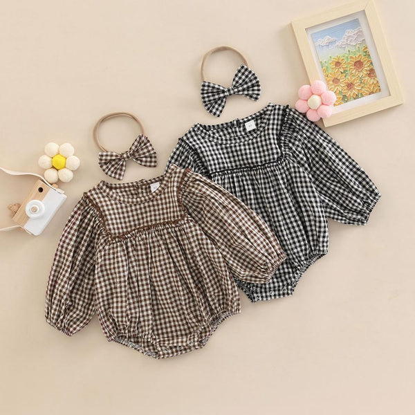 Autumn Plaid Print Romper Hairband Two-piece Set Wholesale Baby Clothes