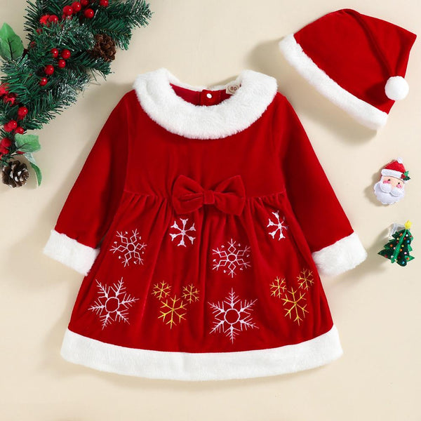 Little Girl Christmas Velvet Dress + Hat Wholesale Girls Dress