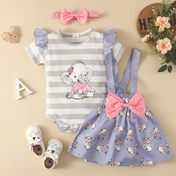 Baby Girls Skirt Set Summer Elephant Printed Romper Bow Floral Suspenders Skirt Headband Set Baby Wholesales