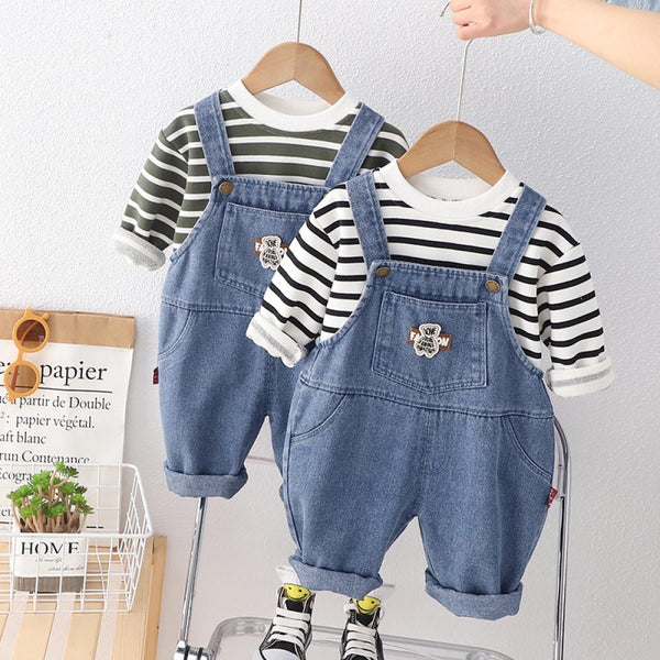 Children's Handsome Striped Long Sleeve T-shirt + Denim Suspenders Spring Suit Wholesale Kids Clothes