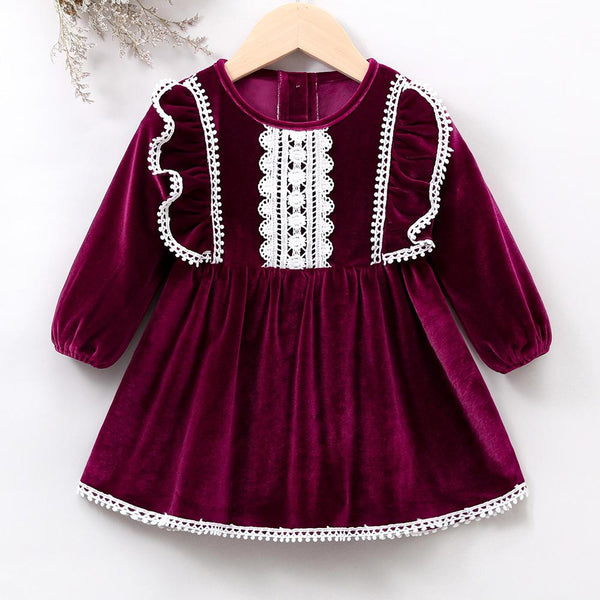 Girls Autumn and Winter Velvet Dress Western Style Purple Dress Wholesale Girls Dress