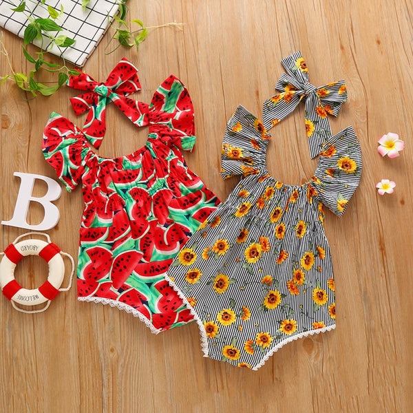 Newborn Baby Girls Summer Fruit Sunflower Romper With Headband Baby Clothing Wholesale