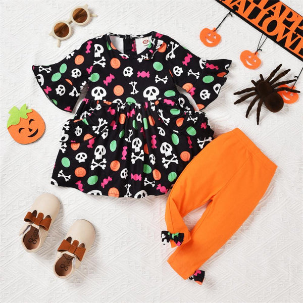 Girls Skull Print 3/4 Sleeve Bow Trousers Set Halloween Girls Clothing Wholesale