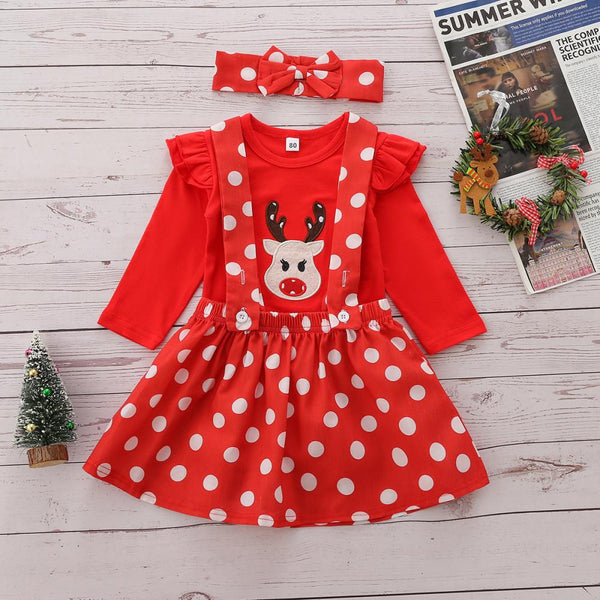 Christmas Girls Deer Head Embroidered Top Polka Dot Suspender Skirt Set Wholesale Girls Clothes