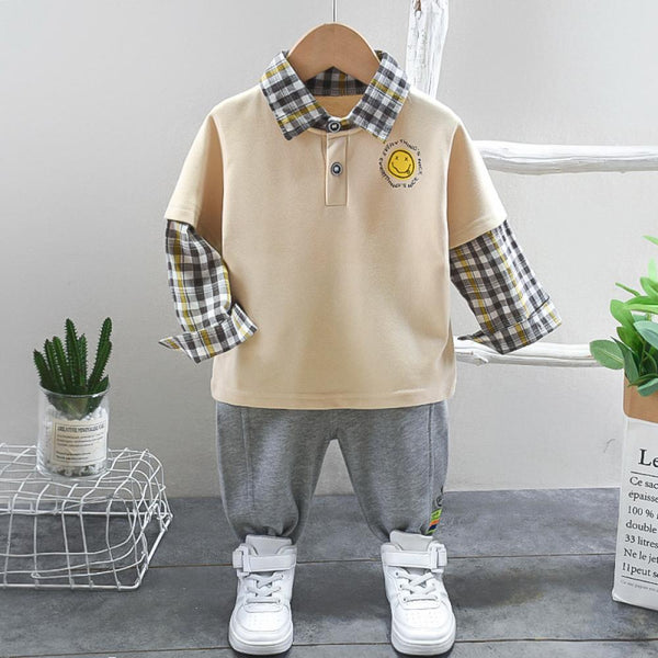 Boys Spring Autumn Plaid Patch Smile Top and Pants Set Girl Boutique Clothing Wholesale