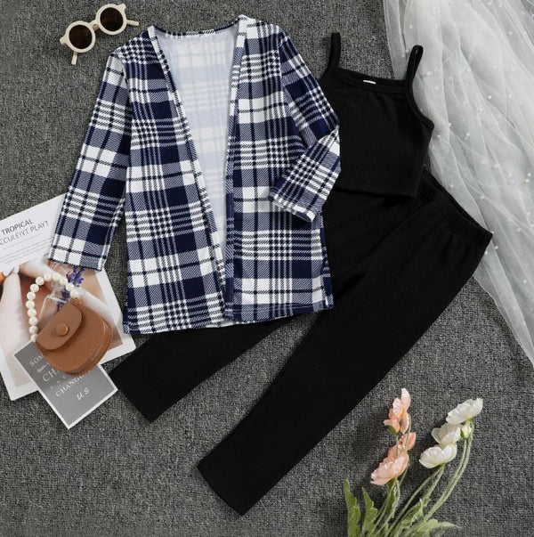 Autumn Western-style Girls Plaid Coat + Sling + Pants Set Wholesale Girls Clothes