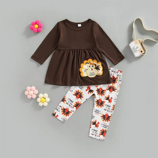 Autumn Toddler Girls Thanksgiving Set Turkey Embroidered Top Printed Pants Set Wholesale