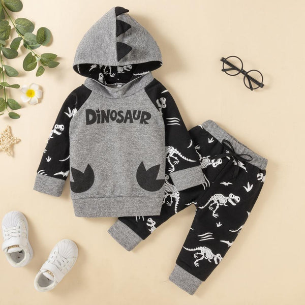 Boys Autumn Cartoon Dinosaur Print Hooded Sweater Two-Piece Set Wholesale Boys Clothes