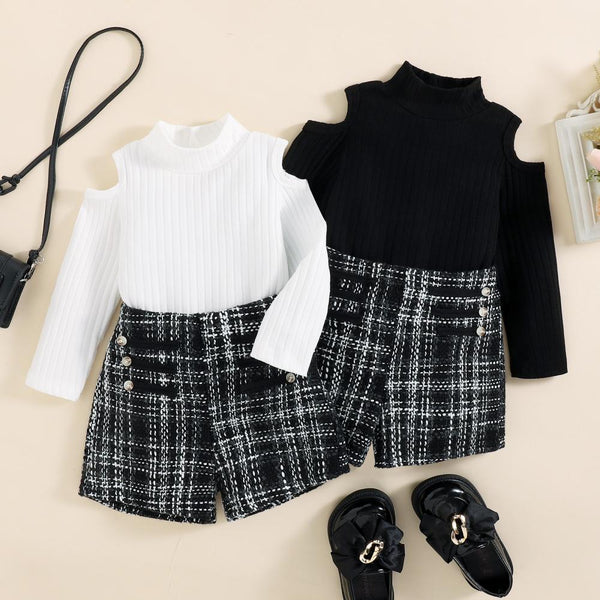 Little Girls Top + Plaid Skirt Two-piece Set Wholesale Girls Clothes