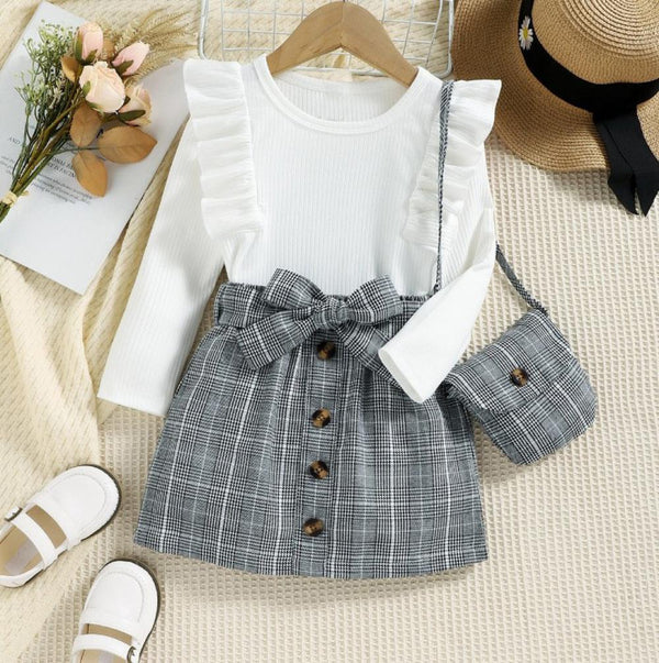Autumn Toddler Girls Ruffled Sleeve Top + Plaid Skirt + Shoulder Bag Set Wholesale Girls Clothes