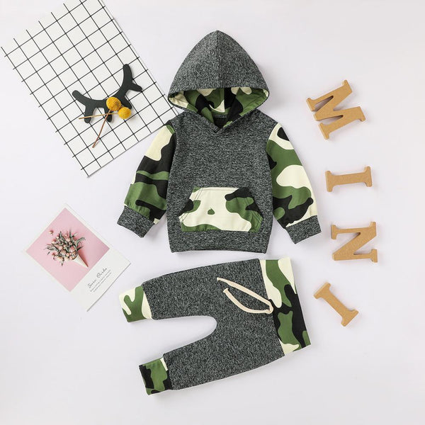 Leopard Print Patchwork Sweatshirt Autumn/Winter Camouflage Hooded Set Wholesale Boys Clothes