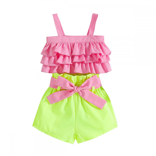 Toddler Girls Suspenders Flounce Shorts Two-piece Set trendy kids wholesale clothing