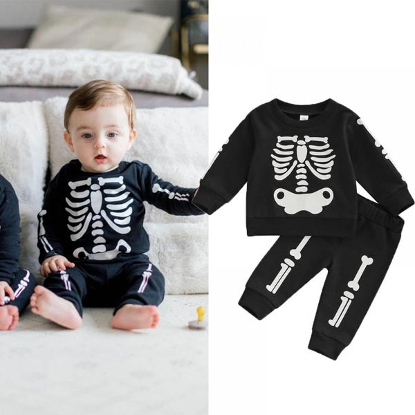 Autumn Halloween Baby Boys Black Print Sweatshirt Set Wholesale Boys Clothes