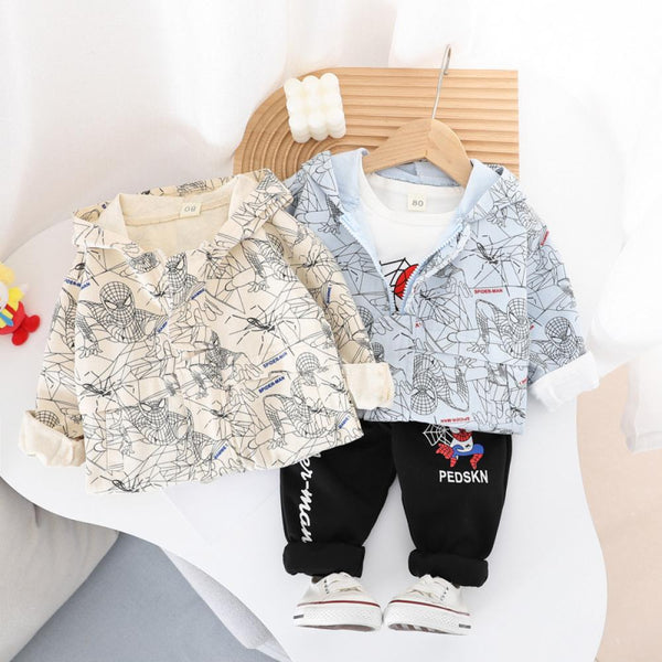 Three-piece Set Boys Spring And Autumn Western Style Cartoon Hooded Clothes Wholesale Baby Boy Clothes