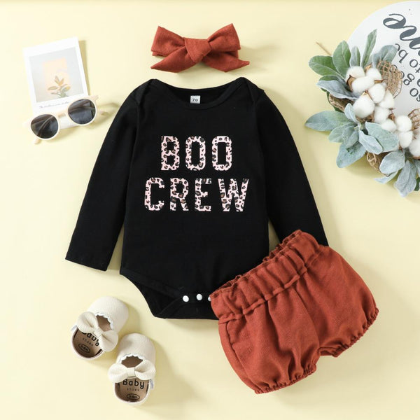 Autumn Children's Letter Print Romper Shorts Headband Three Piece Set Wholesale Baby Children Clothes