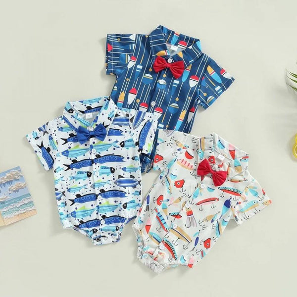 Boy Baby Jumpsuit Short Sleeve Lapel Summer Jumpsuit With Bow Tie Wholesale Boys Clothes