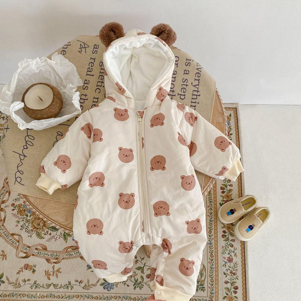 Winter Fleece Bear Print Hooded Long Romper Wholesale Baby Clothes
