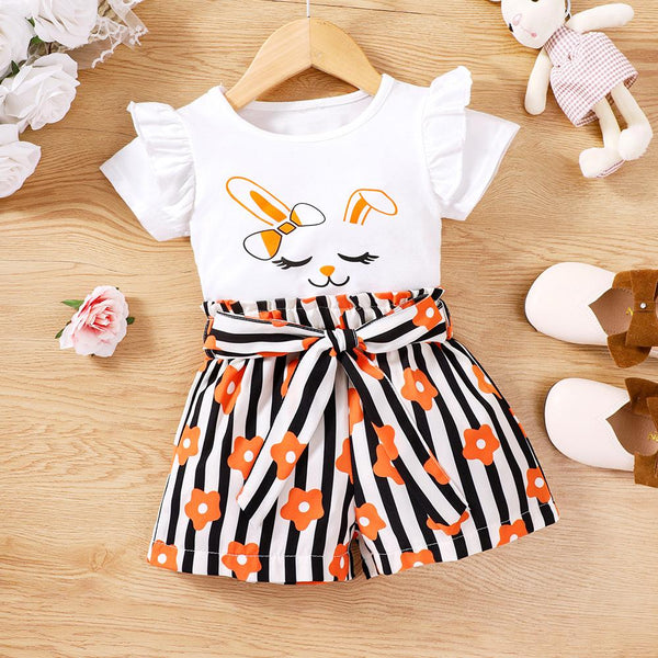 Girls Summer Cartoon Rabbit Printed Striped Shorts Set Wholesale