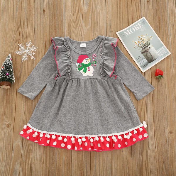 Christmas Autumn Girls Dress Children's Cartoon Snowman Embroidered Fungus Flying Sleeve Dress Wholesale