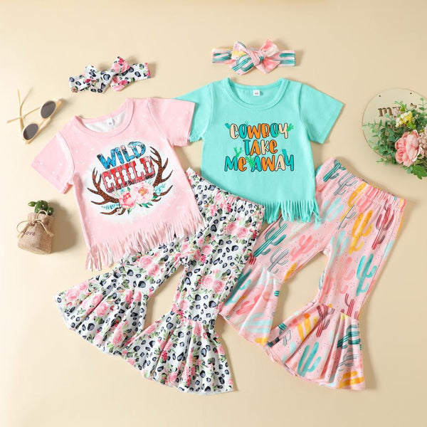 Summer Girls' Set Letter Printed Tassel Top+Flare Pants Wholesale Kids Clothing