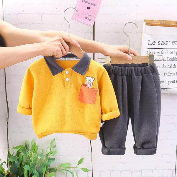 Autumn Boys And Girls Polo Collar Cartoon Pocket Two-piece Set Wholesale Kids Clothes