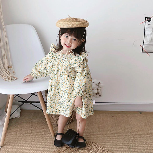 Girls Autumn Long Sleeve Cotton And Linen Floral Dress Wholesale Girls Dress