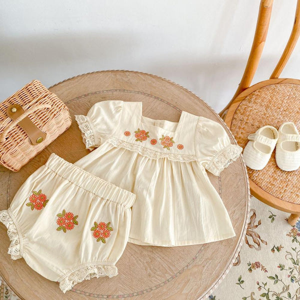 0~2Y 2022 Summer Ins Baby Flower Embroidered Short-Sleeved Top Flower Bread Shorts Girl Baby 2-Piece Suit Wholesale Baby Clothes