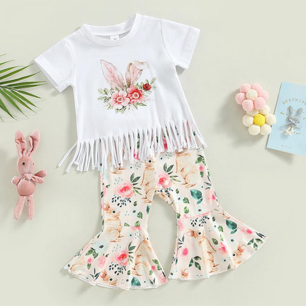 Summer Children's Easter Set Cartoon Rabbit Printed Top Bell Pants Set Wholesale Girls Clothes