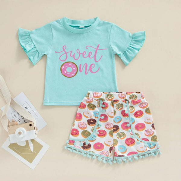 Summer Girls Printed Short Sleeve Top Shorts Set Wholesale Girls Clothing