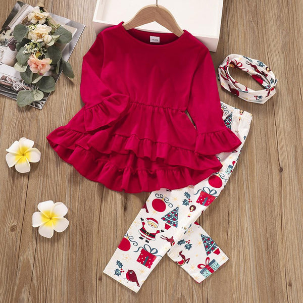 Christmas Fall Girls Ruffled Flared Sleeve Sweatshirt Printed Pants Set Wholesale Girl Clothing