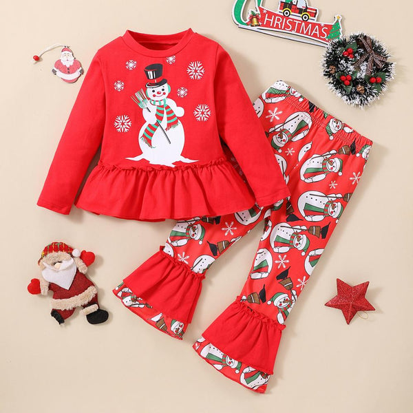 Christmas Snowman Top + Flared Pants Set Wholesale Girls Clothes