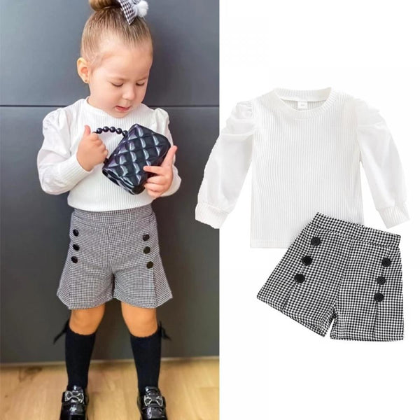 Toddler Girls Solid Color Top Plaid Print Pants Set Wholesale Girls Clothes